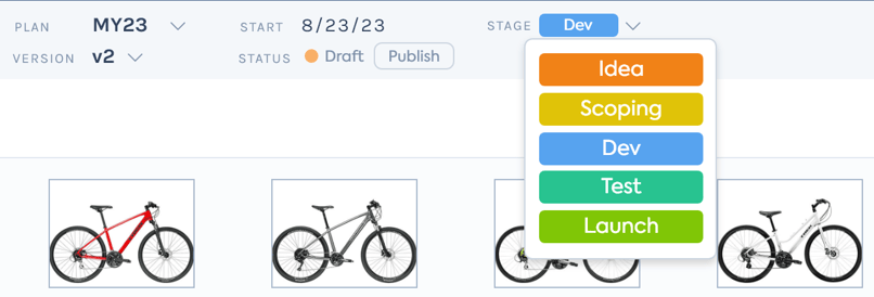 Gocious Product Roadmap Software: The stage of each plan surfaced 