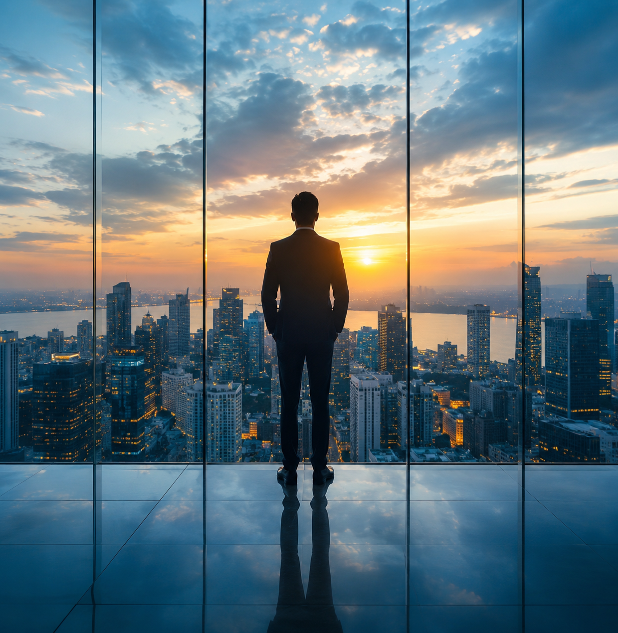 Business leader overlooking a city skyline through floor-to-ceiling windows at sunset.