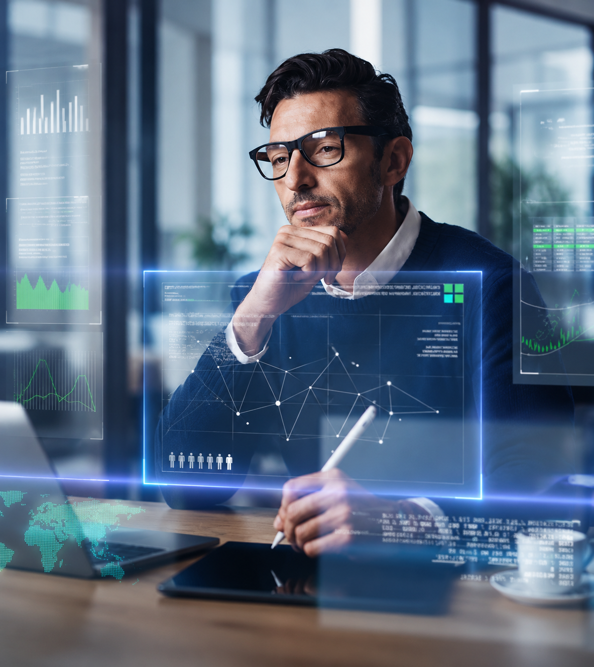 Man Analyzing Holographic Data at Desk